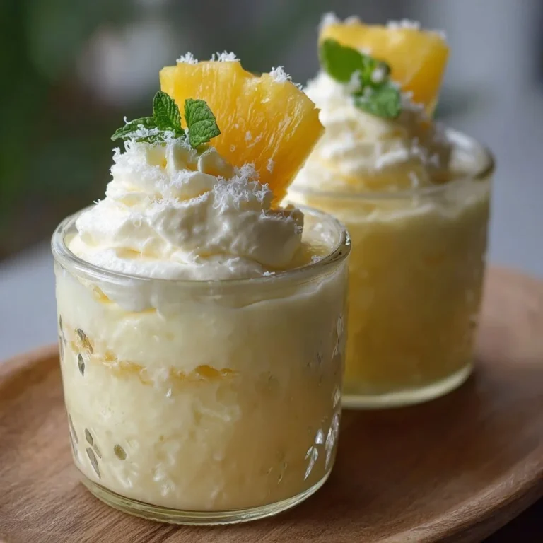 Ananas Sahne Dessert in einer Schüssel serviert, dekoriert mit frischen Ananasstücken.