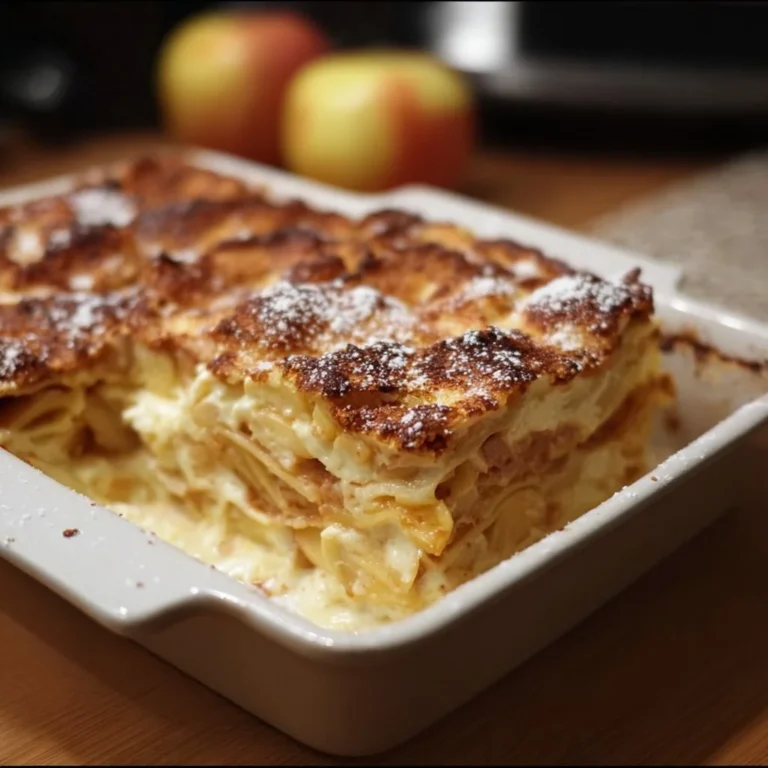 Apfellasagne mit frischen Äpfeln und Käse in einer Auflaufform.