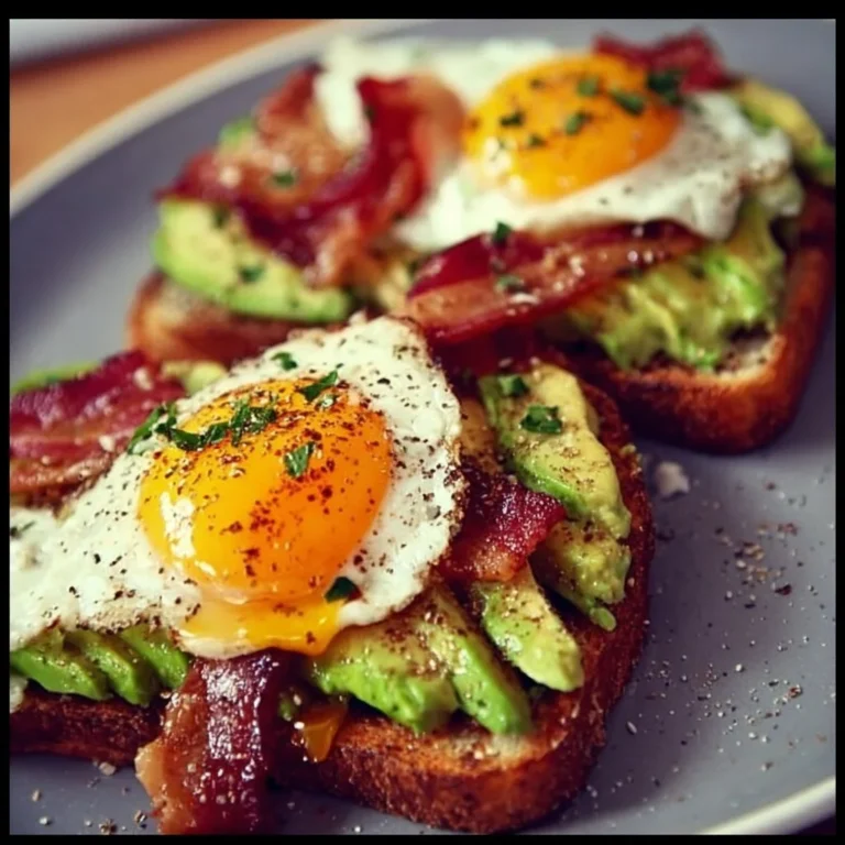 Avocado-Speck-Ei-Toast mit frischen Zutaten auf einem Holzbrett