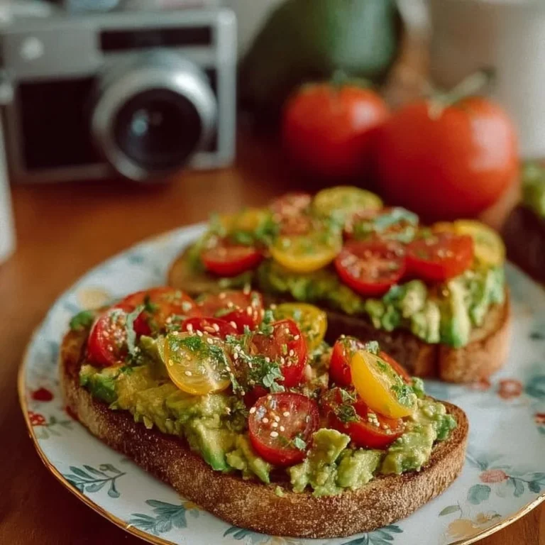 Avocadotoast mit frischen Tomaten auf einem Holzbrett serviert