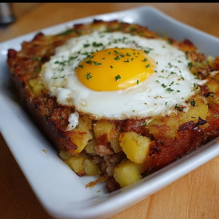 Bratkartoffel Leberkäse Auflauf mit Spiegelei auf einem Teller