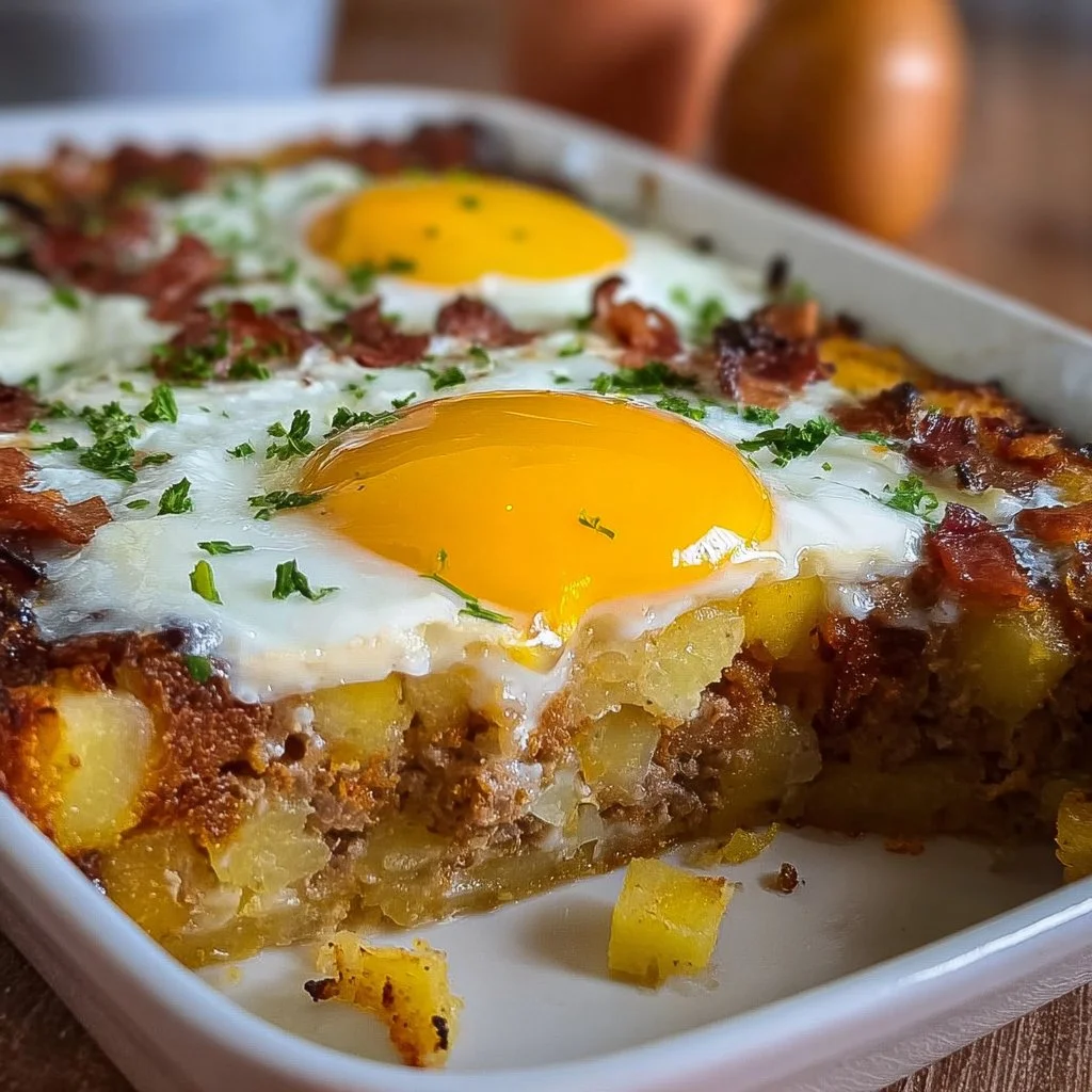 Bratkartoffel Leberkäse Auflauf mit Spiegelei