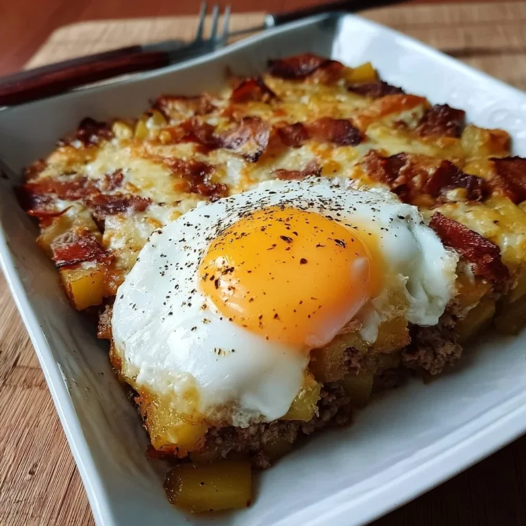 Bratkartoffel Leberkäse Auflauf mit Spiegelei auf einem Teller serviert