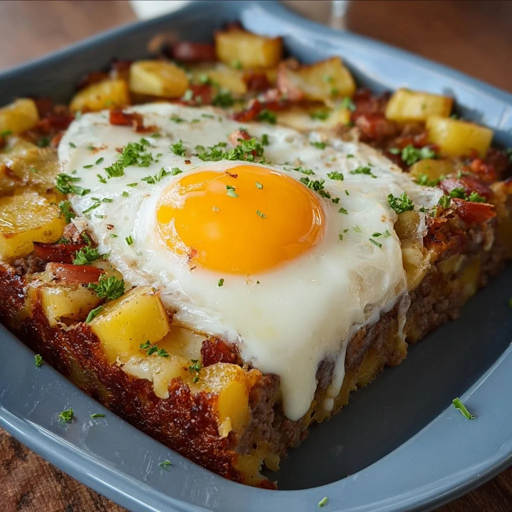 Bratkartoffel Leberkäse Auflauf mit Spiegelei