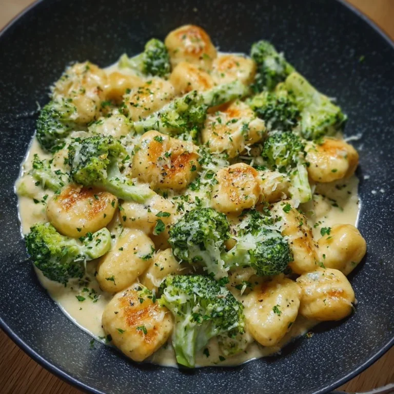Cremige Gnocchi in einer Brokkoli-Sahnesoße auf einem Teller serviert