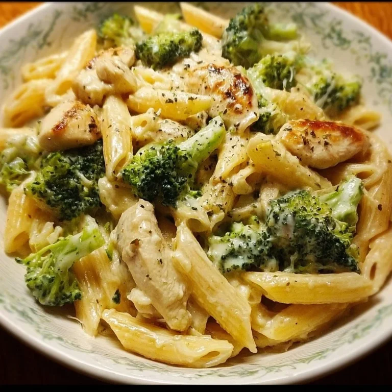Cremige Hähnchen-Brokkoli-Pasta auf einem Teller serviert
