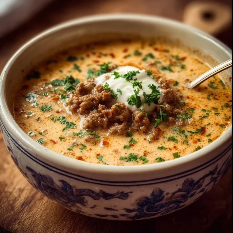 Cremige Käsesuppe mit Hackfleisch in Schüssel serviert