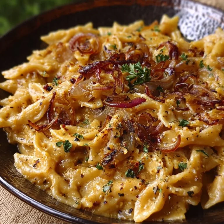 Cremige One-Pot-Zwiebel-Pasta in einem Topf zubereitet
