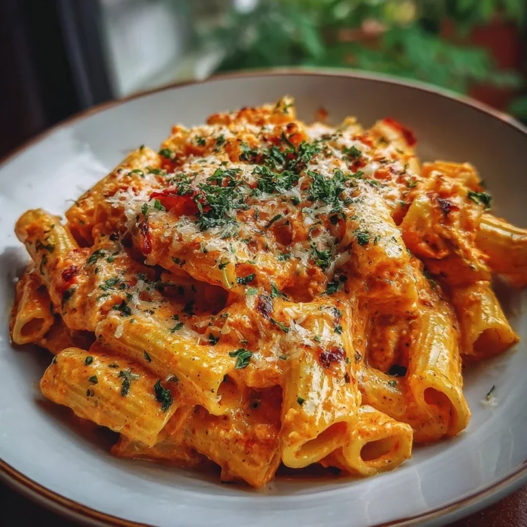 Cremige Tomaten-Knoblauch-Pasta mit frischen Kräutern und Parmesan.