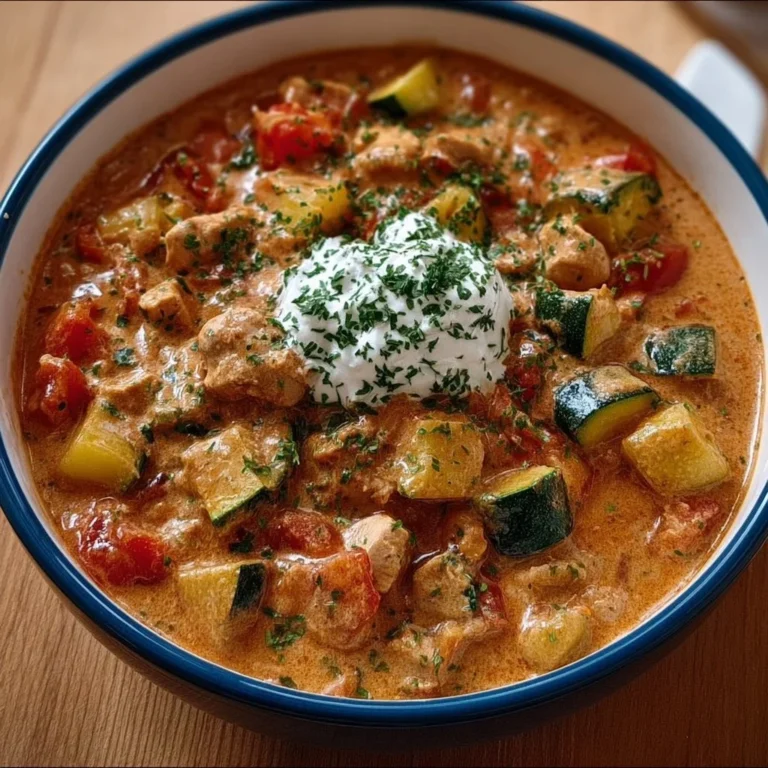 Schüssel mit cremigem Putengulasch, Zucchini und Sauerrahm serviert.