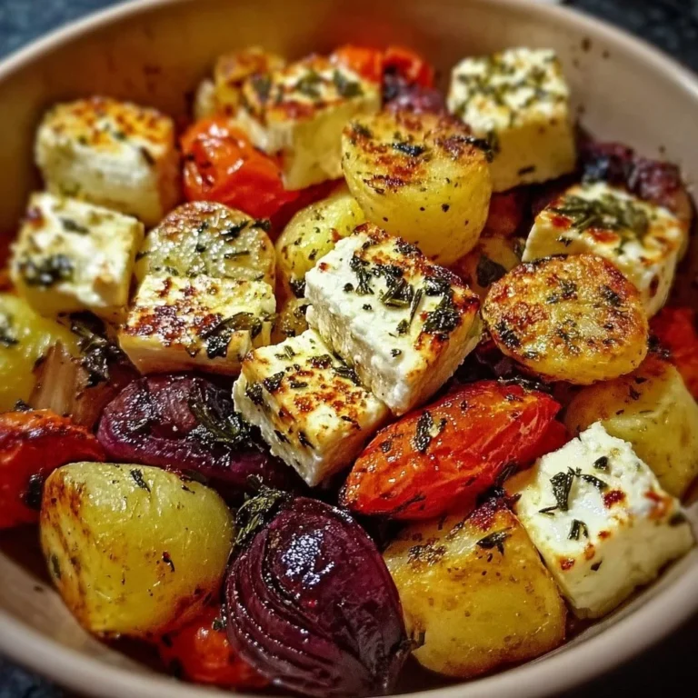 Crispy Feta Potatoes mit geröstetem Gemüse auf einem Teller