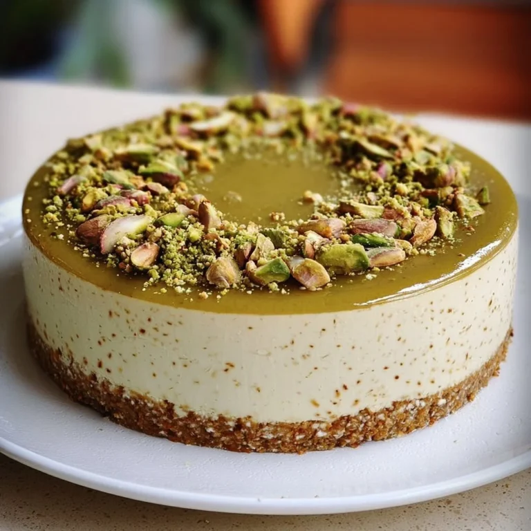 No Bake Pistazien Cheesecake mit Pistazien und Sahne auf einem Dessertteller