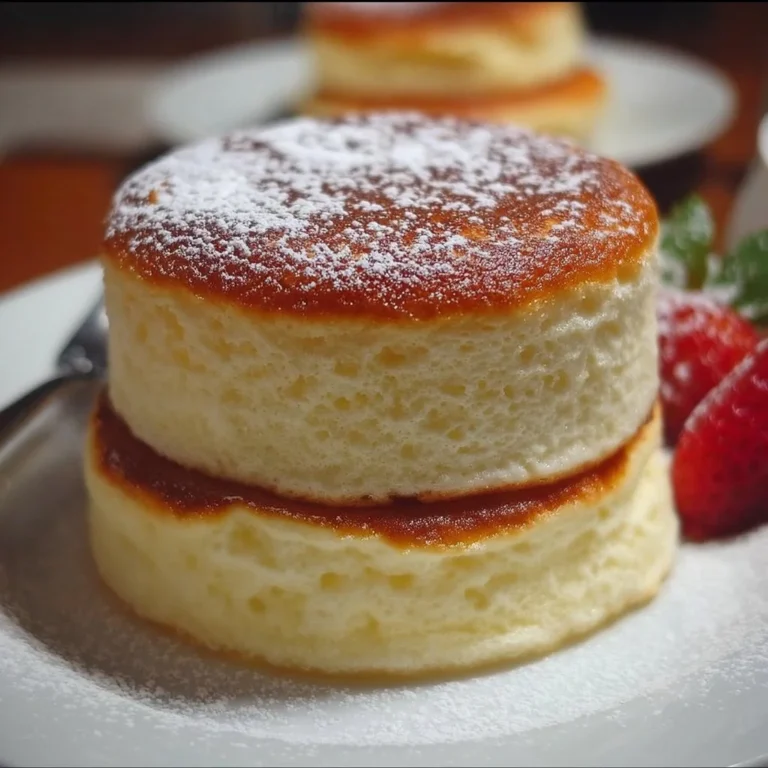 Fluffige japanische Soufflé-Pfannkuchen auf einem Teller serviert
