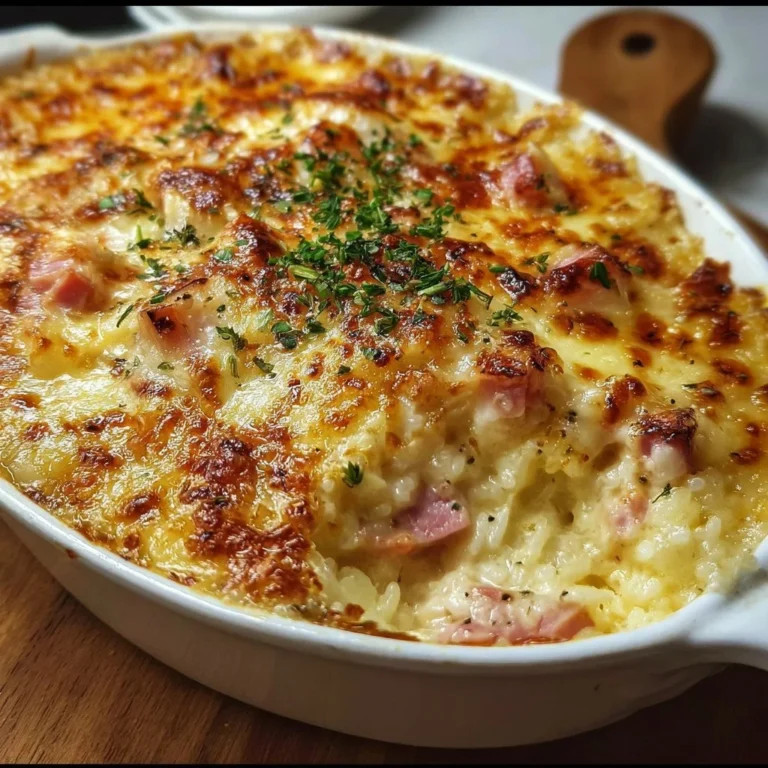 Gebackener Reis mit Schinken und Käse auf einem Teller serviert