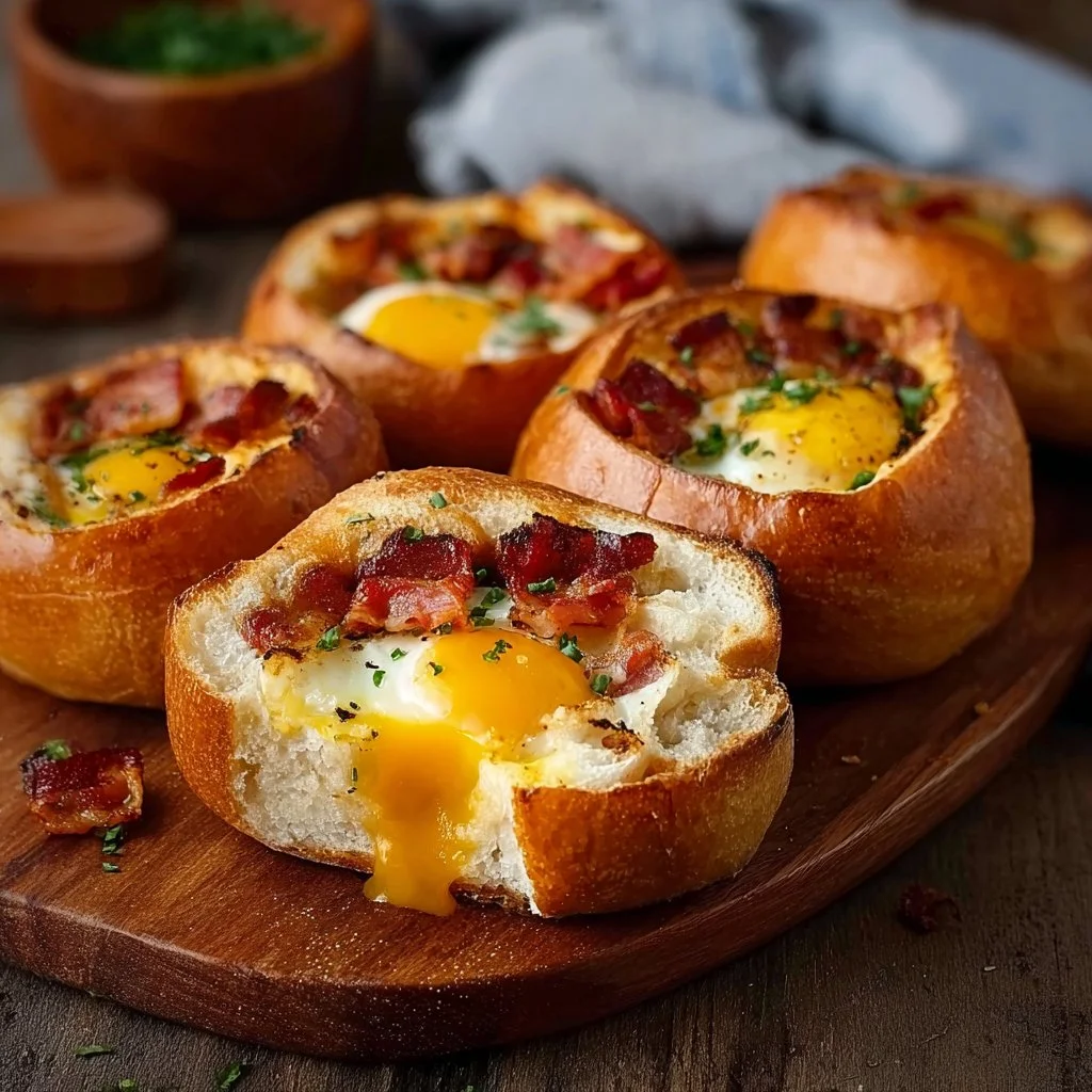 Gefüllte Frühstücksbrötchen mit Ei, Bacon und Käse