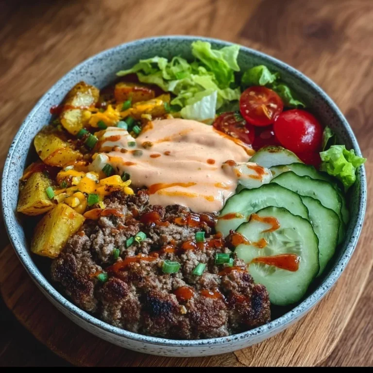 Gesunde Burger Bowl mit frischen Zutaten und bunten Beilagen