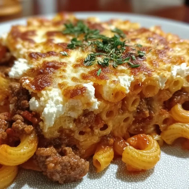 Griechischer Nudel-Auflauf mit Feta und Hackfleisch auf einem Teller serviert.