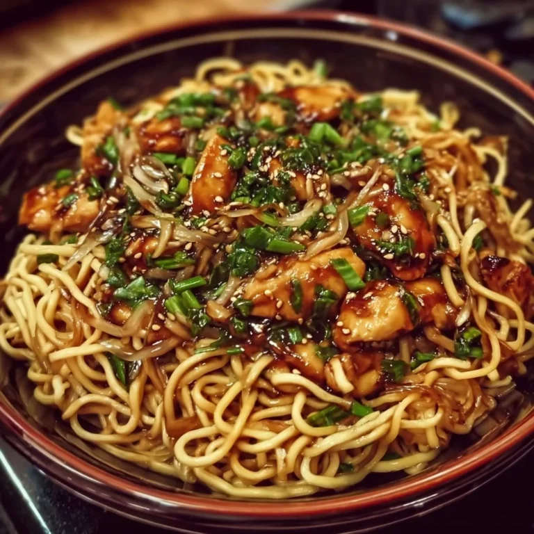 Leckere Hähnchen-Teriyaki-Nudeln auf einem Teller angerichtet