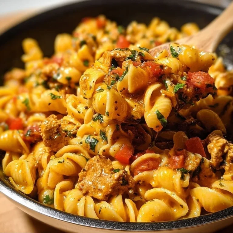 Hühnchen Taco Pasta in einer Schüssel, frisch serviert mit Kräutern.