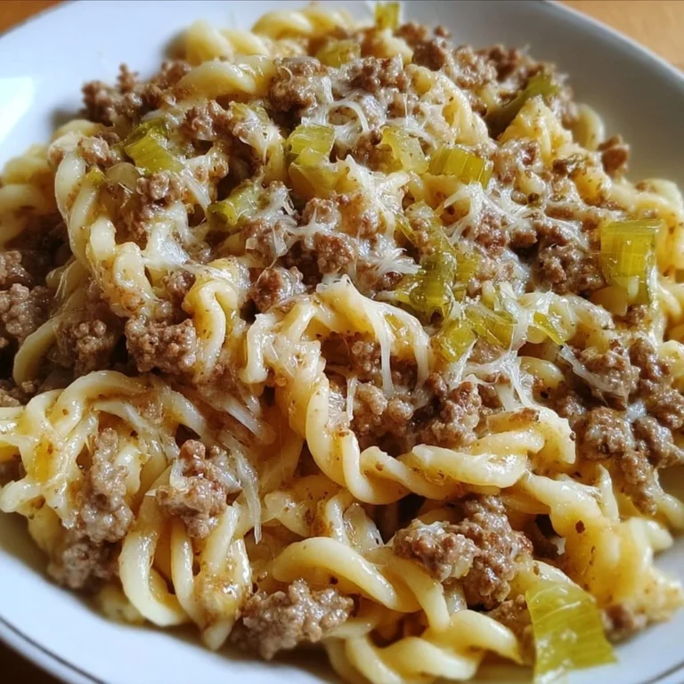 Käse-Lauch Pasta mit Hackfleisch auf einem Teller serviert