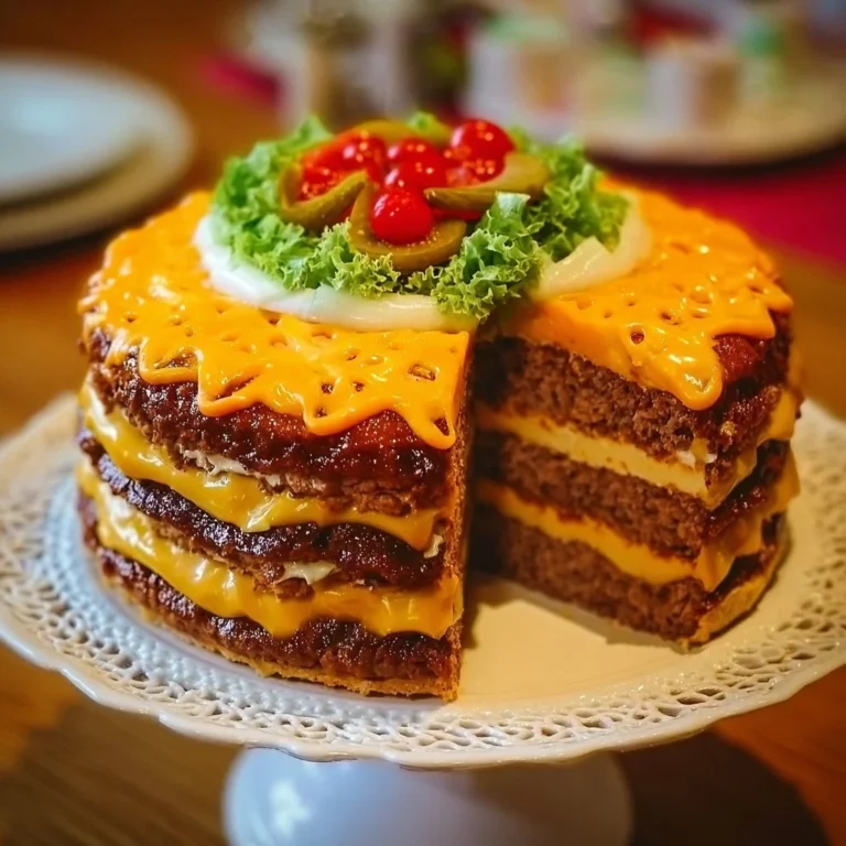 Saftige Käseburger-Torte mit Käse, Burger-Elementen und buntem Gemüse.