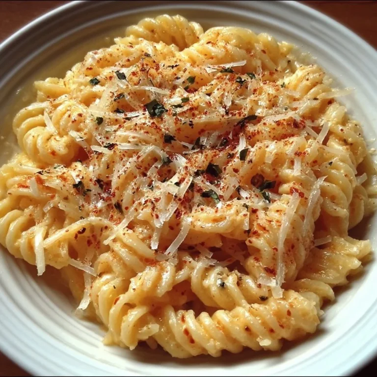 Eine Portion Knoblauch-Parmesan-Nudeln garniert mit frischem Parmesan und Petersilie.