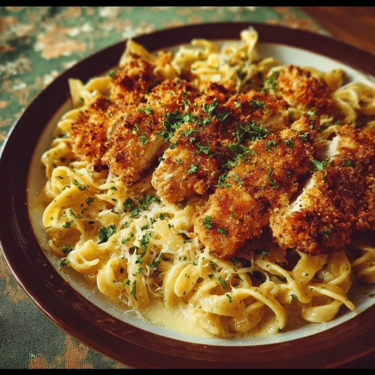 Köstliches Gericht mit knusprigem Hähnchen und Pasta serviert.