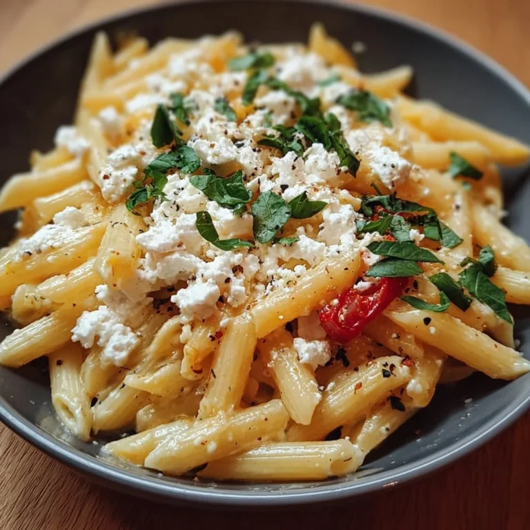Mediterrane Pasta mit Feta und frischem Gemüse auf einem Teller