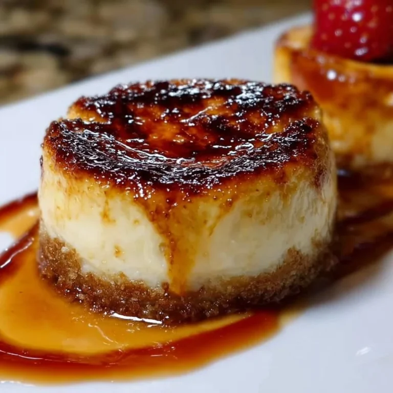 Mini Crème Brûlée Käsekuchen mit Karamellkruste auf dem Teller.