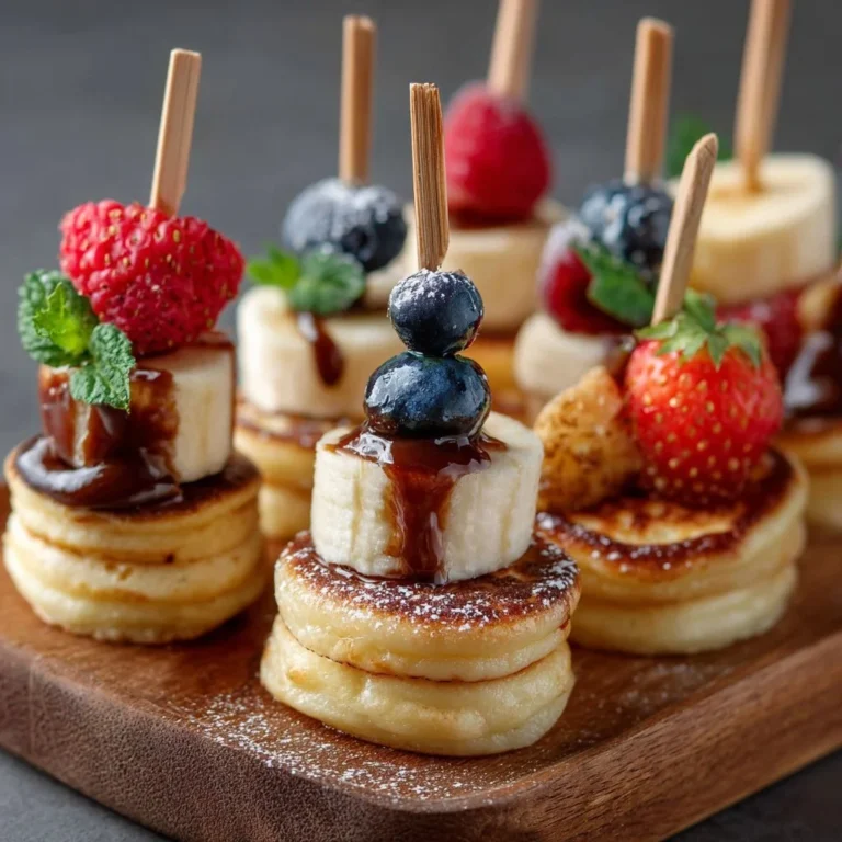Mini-Pfannkuchen-Spieße auf einem Teller, ideal für Party-Snacks