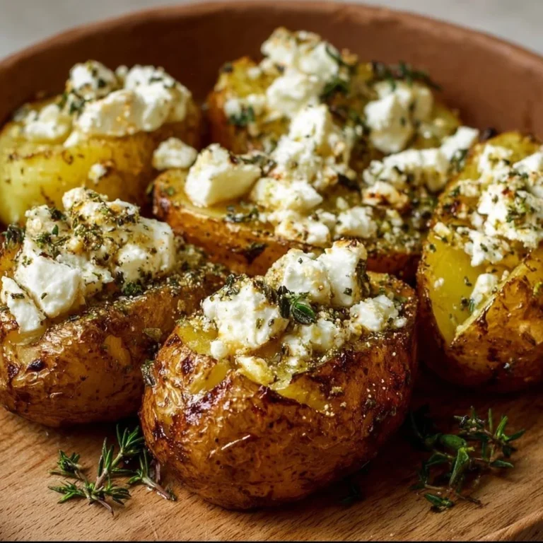Ofenkartoffeln mit Feta, serviert mit frischen Kräutern auf einem Teller.