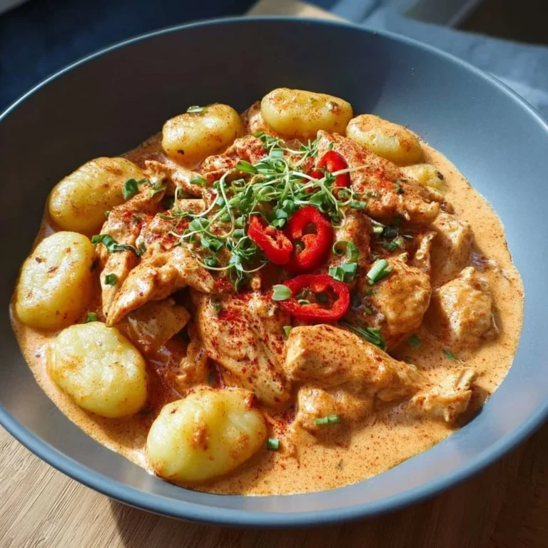 Köstliches Paprika-Sahne-Hähnchen mit Gnocchi serviert auf einem Teller