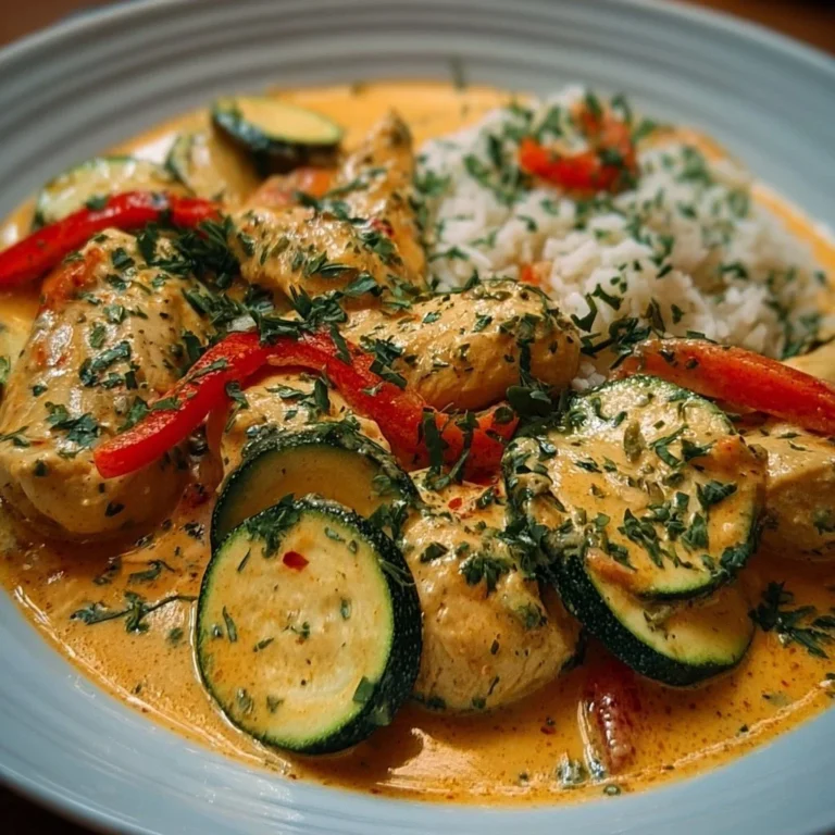 Paprika-Zucchini-Sahne-Hähnchen auf einem Teller angerichtet.