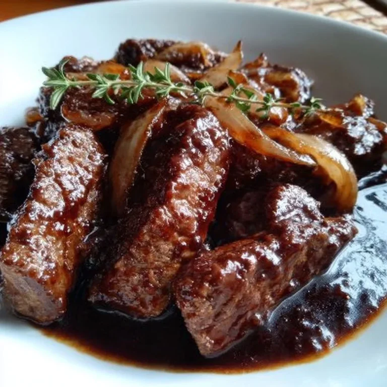 Rindfleisch in Balsamico-Zwiebel-Sauce auf einem Teller angerichtet