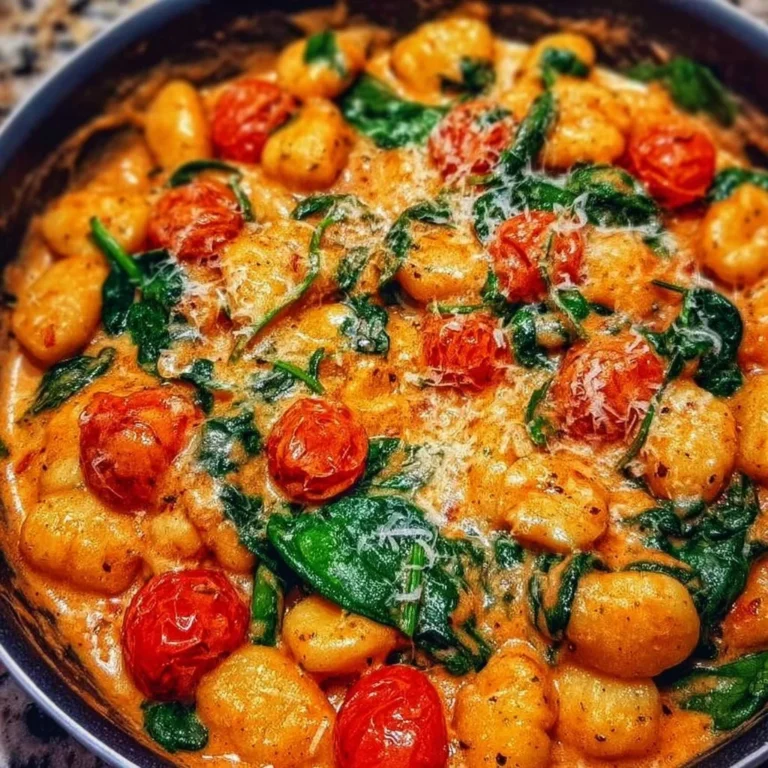 Schnelle Gnocchi-Pfanne mit Tomaten und Spinat auf einem Teller