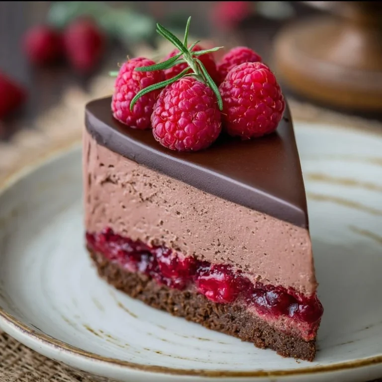 Schokoladen Himbeer Mousse Torte mit frischen Himbeeren auf einem dekadenten Schokoladenboden