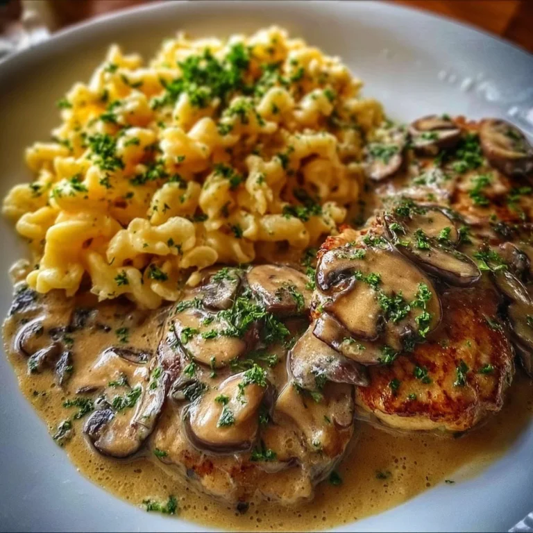 Schweinemedaillons in Champignon Rahmsoße mit Spätzle angerichtet auf einem Teller