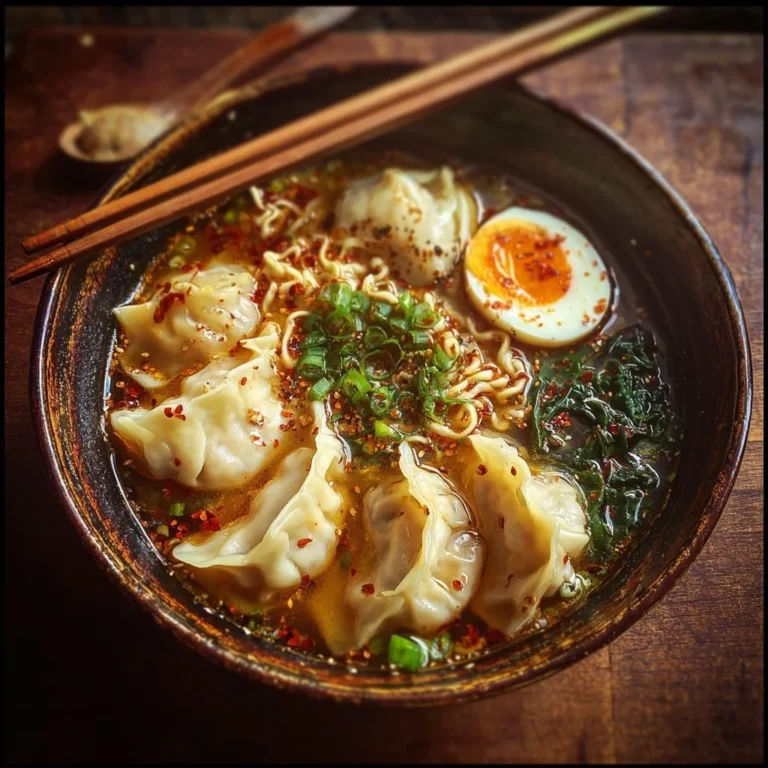Leckere Teigtaschen-Ramen-Schale mit frischen Zutaten.