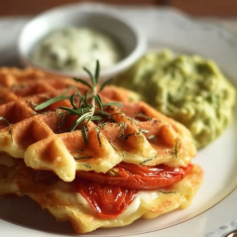 Tomaten Mozzarella Waffeln mit Avocado-Dip auf einem Teller