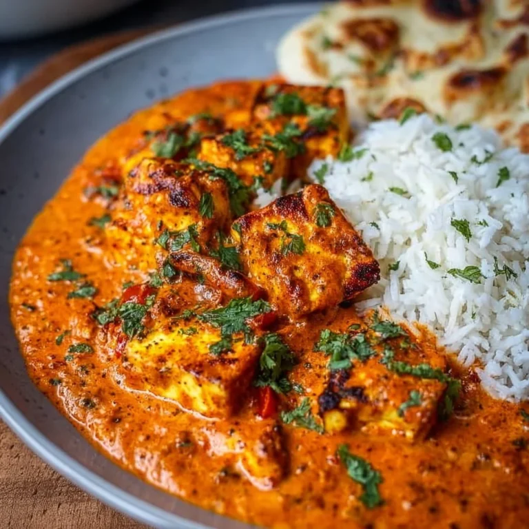 Schüssel mit unwiderstehlichem Halloumi Tikka Masala, serviert mit Reis