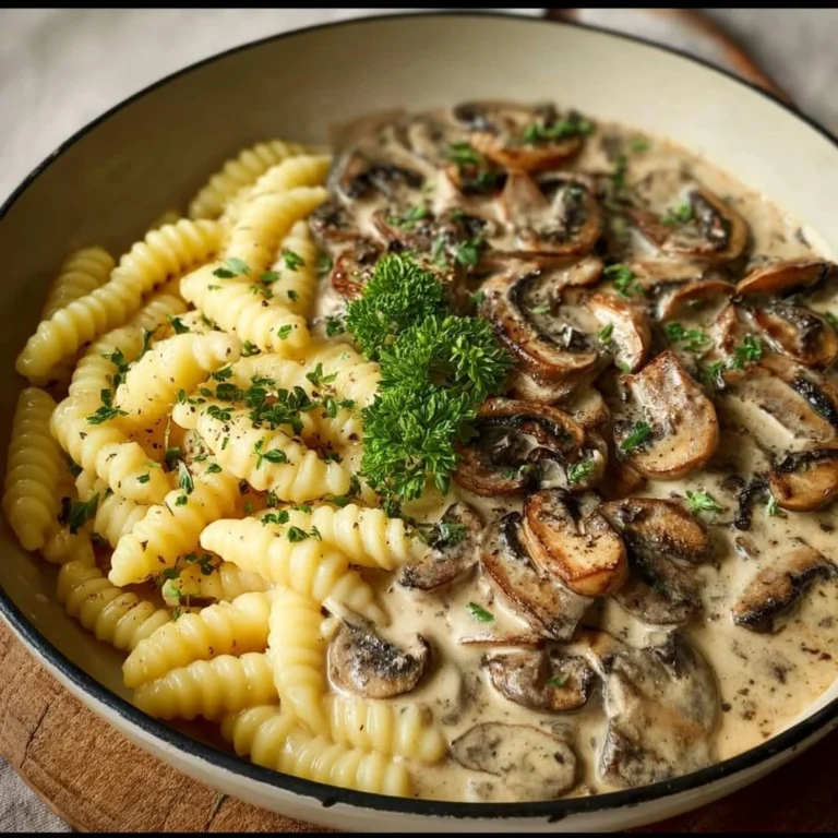 Vegetarische Pilzrahmsoße serviert mit Schupfnudeln auf einem Teller
