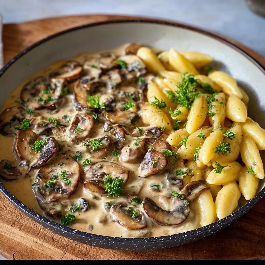 Vegetarische Pilzrahmsoße mit Schupfnudeln