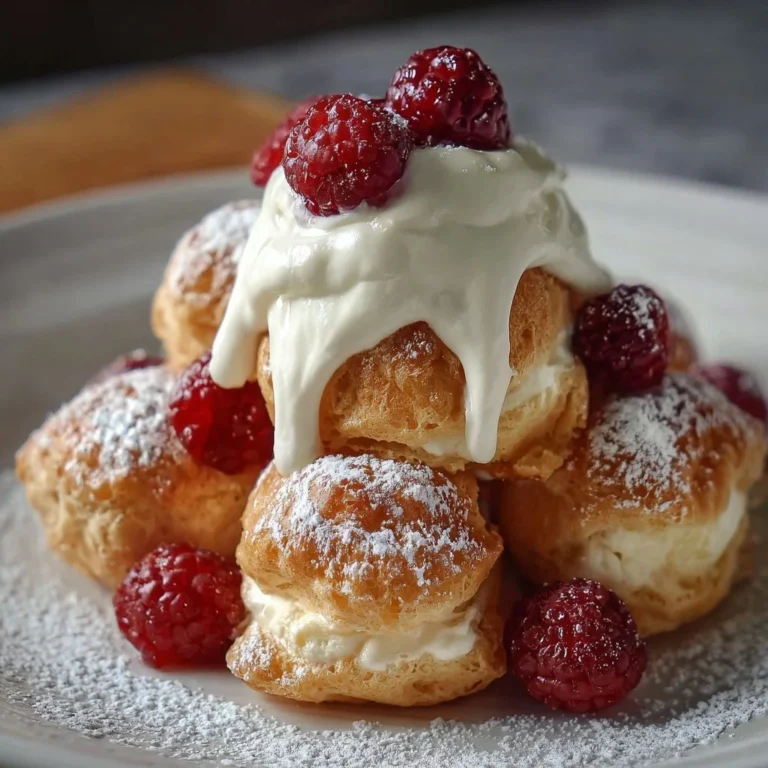 Windbeutel Dessert mit frischen Himbeeren auf einem Teller