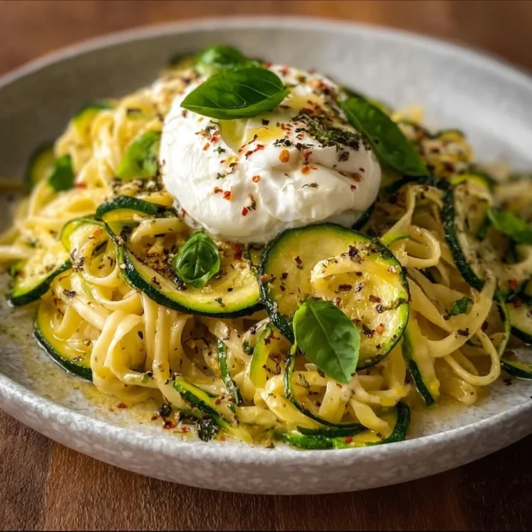 Zitronen Zucchini Pasta mit Burrata auf einem Teller angerichtet