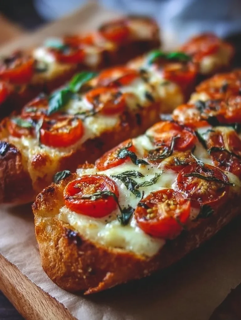 Baguettescheiben mit Tomaten und Mozzarella auf einer weißen Platte
