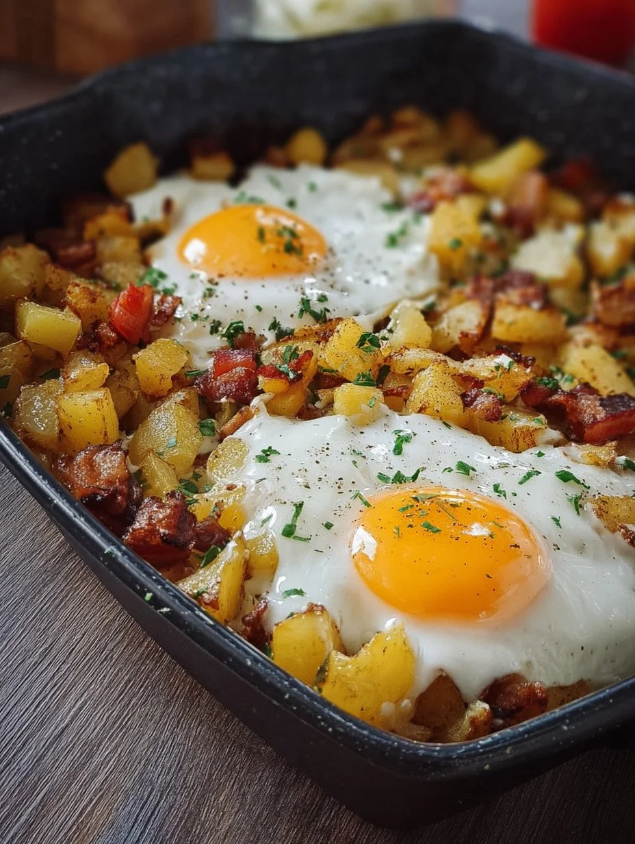 Bratkartoffel Leberkäse Auflauf mit Spiegelei