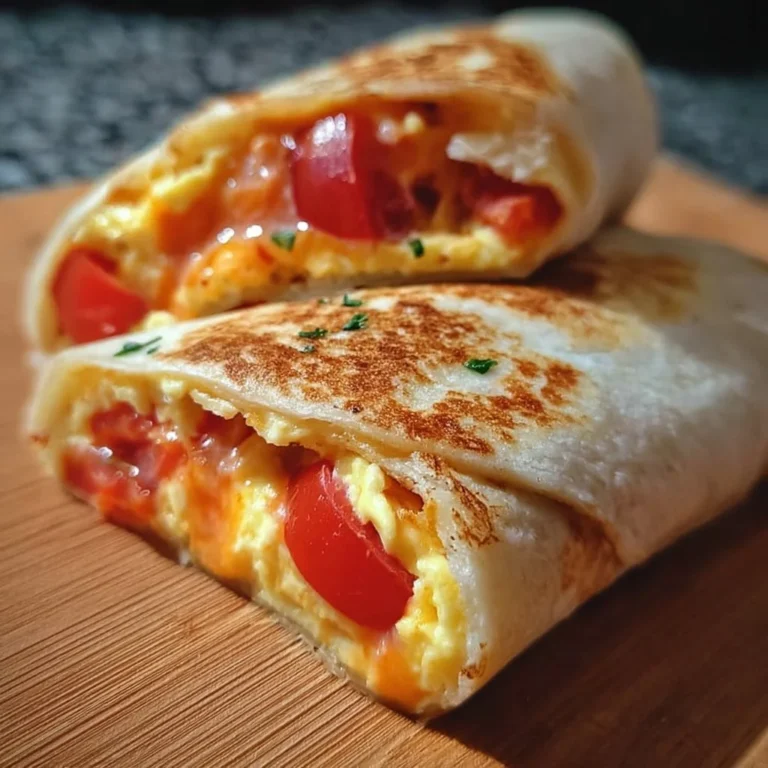 Leckeres Frühstück Wrap mit Ei, Käse und frischen Tomaten.