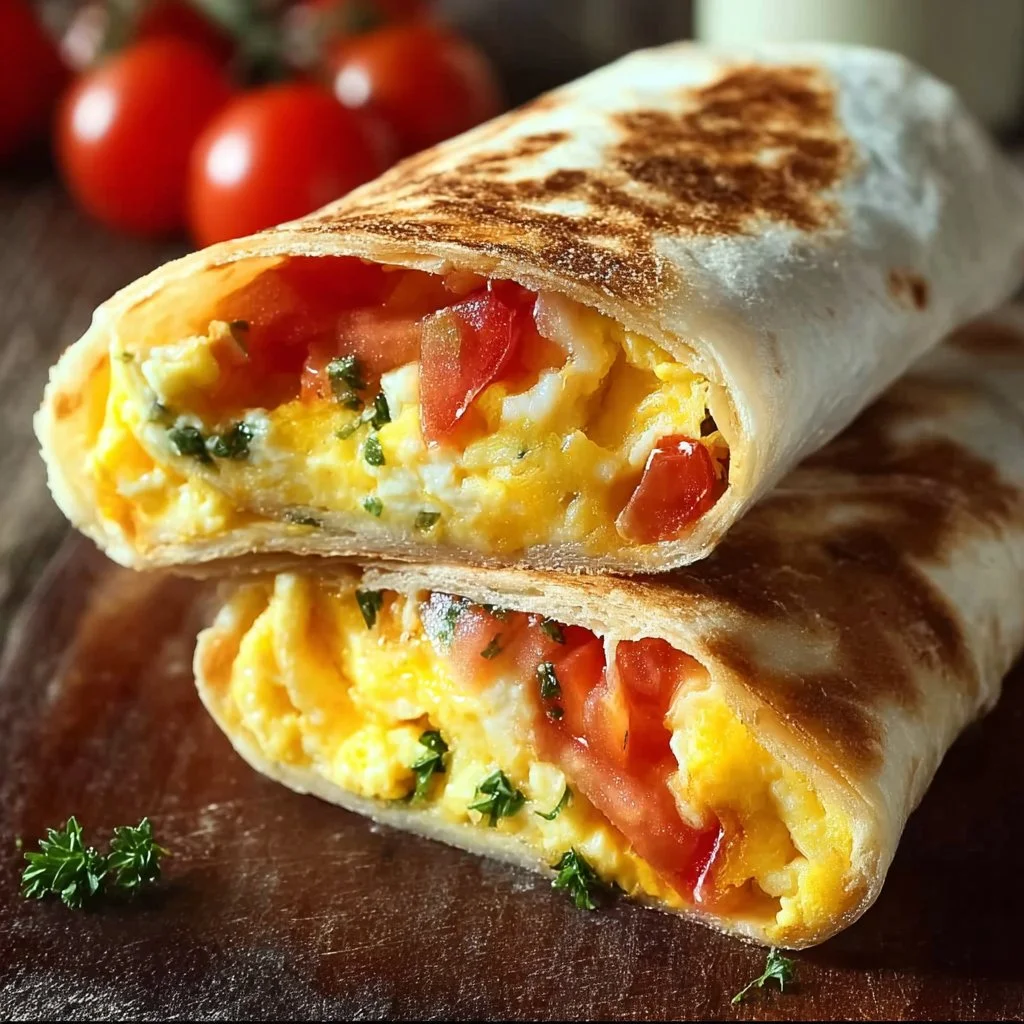 Breakfast wrap with egg, cheese, and tomatoes
