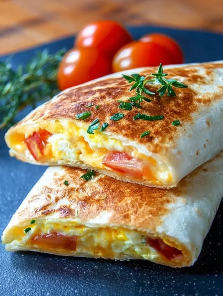 Frühstückswrap mit Ei, Käse und frischen Tomaten auf einem Tisch