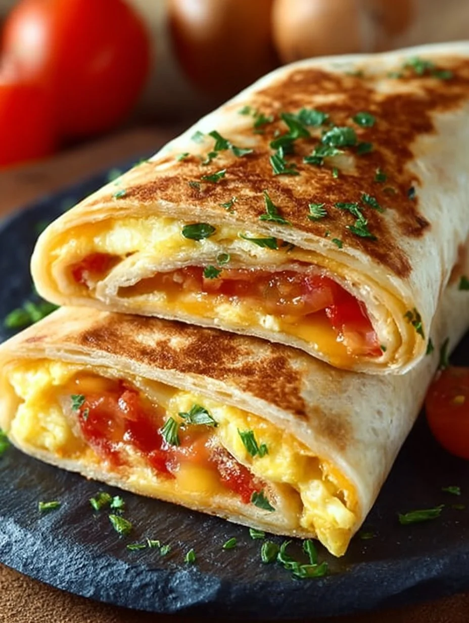 Breakfast wrap with egg, cheese, and tomatoes